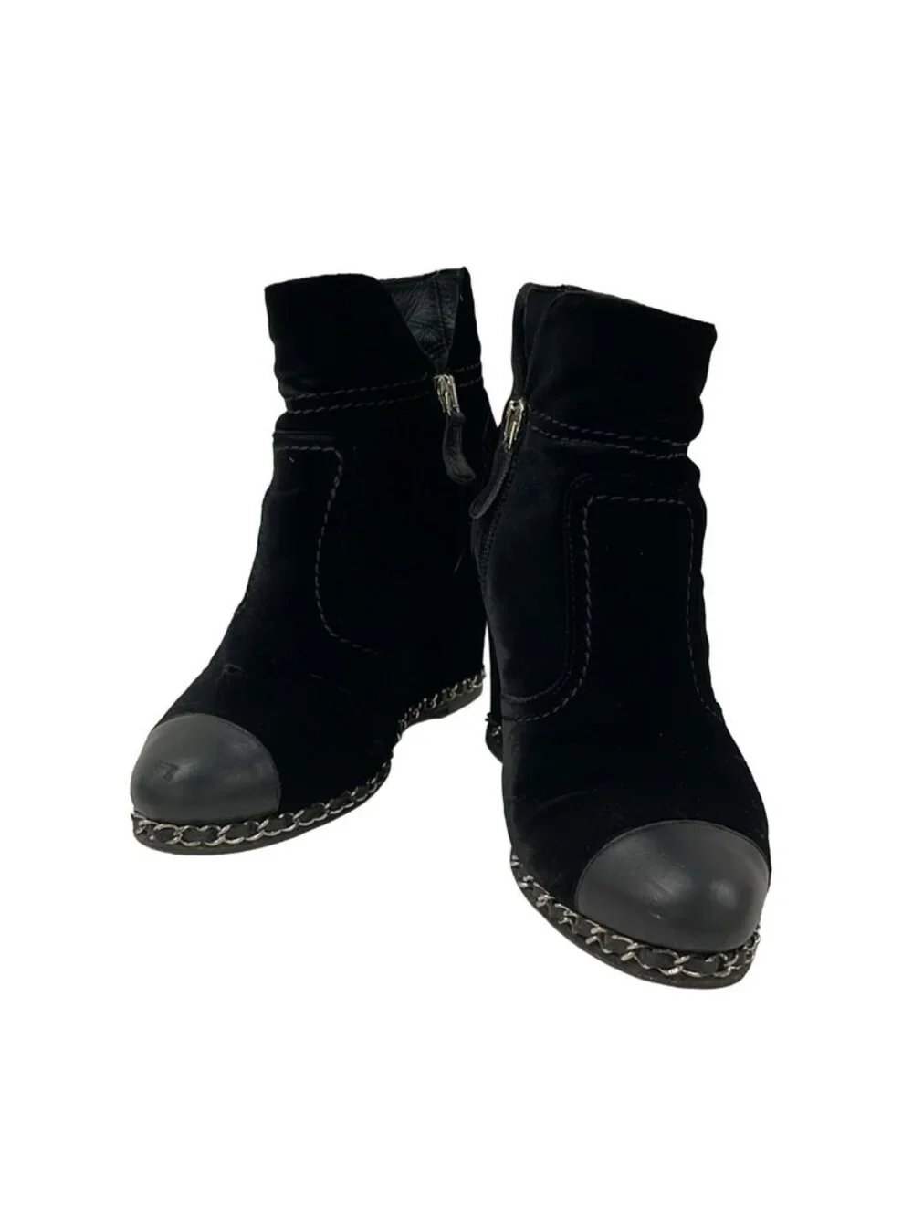 Chanel Short Boots Black Chain Wedge Sole Lambskin